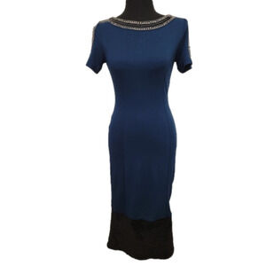 La Chocolê Bodycon Beaded Sequence Blue Midi Dress